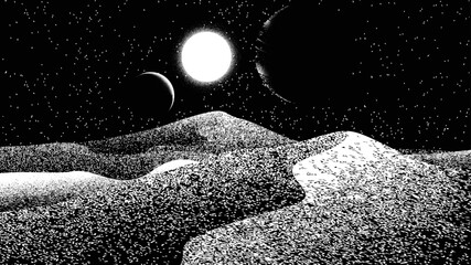 Stars and exoplanet in outer space. Futuristic landscape, with noise texture . Night landscape with starry sky .Vector illustration