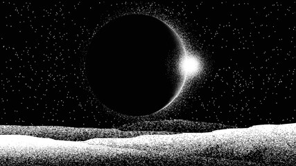 Stars and exoplanet in outer space. Futuristic landscape, with noise texture . Night landscape with starry sky .Vector illustration © miloje
