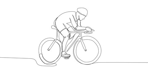 Athlete in a protective helmet rides a bicycle one line art. Continuous line drawing sports, training, sport, leisure, race, bike, cycle racing, tricks, street culture, urban, extreme, woman, man.