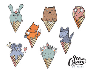 Set of funny animals in ice cream coness in children s primitive style. Hand drawn vector illustration