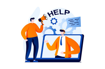 Naklejka premium Technical support concept with people scene in flat cartoon design. Man with megaphone chatting to consultant for solving problems and online consultation. Illustration visual story for web