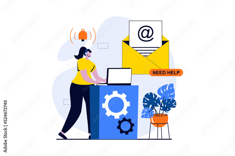 Poster technical support concept with people scene in flat cartoon design. woman in headset works on laptop
