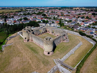 Aerial view of the medieval ruins of Rhuddlan Castle in Denbighshire, North Wales. Dates fron 1277.