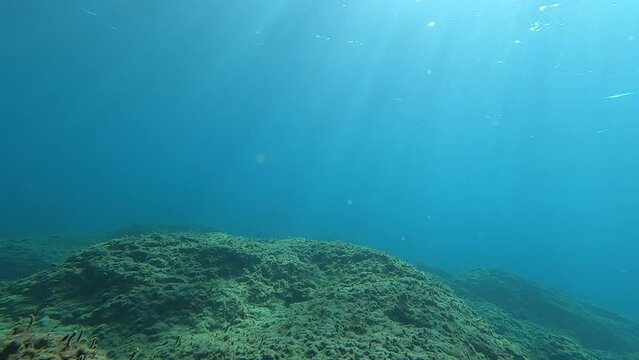 The rays of the sun shimmer under the water at a shallow depth. Sunbeams in transparent blue water on an empty bottom.