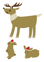 かわいいトナカイとウサギの手描きイラストセット（クリスマス素材）