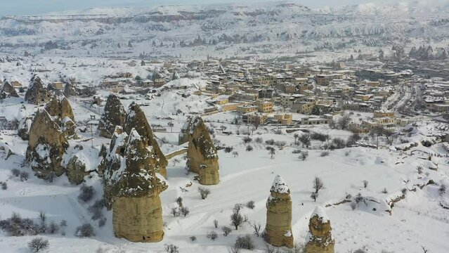 Pigeon Valley and Cave town in Goreme during winter time. Cappadocia, Turkey. 