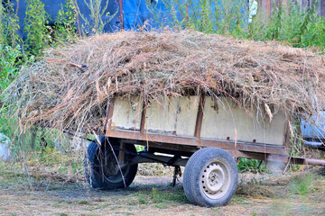 A passenger trailer loaded with hay on a summer day