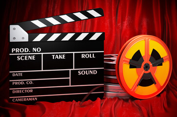 Radiation sign with clapperboard and film reels on the red fabric, 3D rendering