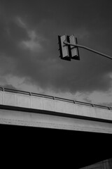 black and white overpass and traffic light on street