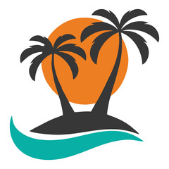 Silhouette of a coconut tree with an orange sun background and blue sea water. Symbolizes the feel of the beach and tourism.
