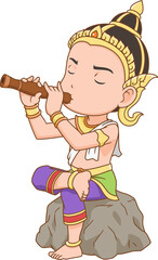 Cartoon character of a man playing Thai oboe, dressing Thai traditional costume.