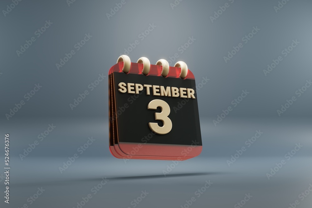 Poster standing black and red month lined desk calendar with date september 3. modern design with golden el