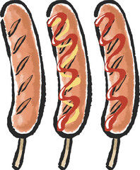 フランクフルト（プレーン・ケチャップとマスタード・ケチャップ）　筆タッチイラスト