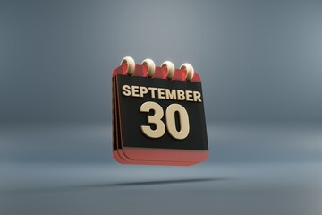 Standing black and red month lined desk calendar with date September 30. Modern design with golden elements, 3d rendering illustration. Blue gray background.