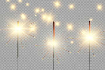 Magical light. Sparkler. Candle sparkling on the background. Realistic vector light effect. Winter, seasonal christmas decoration illustration.	