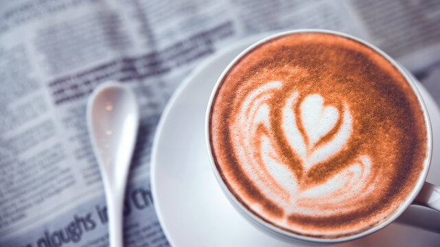 Top view of a Late art coffee cup on blur newspaper background at coffee shop or café in the morning , classic retro warm tone	
