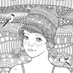 Cute girl in a knitted hat and little bird. Coloring book page for adults. Black and white. Doodle, zentangle style.