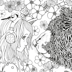 Cute littlel girl with headphones and Bear in knitted scarf. Coloring book page for adult and children. Black and white.