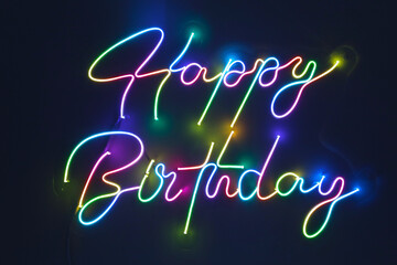 Colorful neon happy birthday. Trendy style. Happy Birthday  background. Neon sign. Custom neon. Party decor.