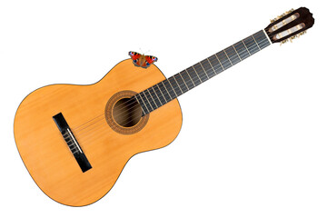 Classical acoustic six-string guitar isolated on white background. Butterflies sit on the guitar.
