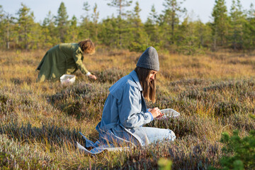 Naklejka na ściany i meble Young woman in hipster hat picks up ripe cranberries near sister in green jacket against rare trees. Lady in blue denim jacket examines meadow sitting on grass closeup. Autumn leisure entertainment