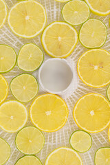 Fototapeta na wymiar fresh, juicy lemon slices in a tray for making dried fruits on a white background, top view, close-up