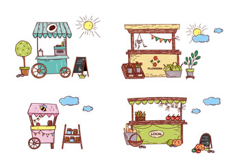 Food market vector set.Stall counter doodle style 
