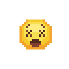 Dizzy face. Smiling emoticon, emoji, smiley. Pixel art style. Funny cartoon character. Web icon. Facial expression. 8-bit style. Isolated abstract vector illustration.