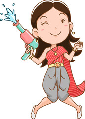 Cartoon girl holding water gun in Songkran festival Thailand