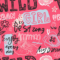 Bright girly pattern for textiles. Seamless pink background with flowers, lettering, doodles for design.