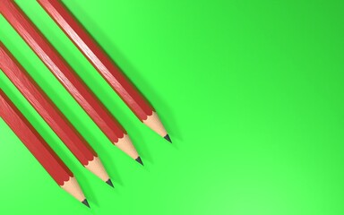 3d rendering of four red pencils on a green background, back to school