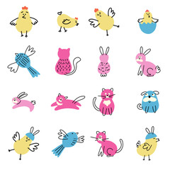 Kids animals and birds with fingerprints doodle 