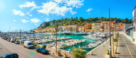 Picturesque view of harbour with marina in Port Lympia. Nice, France, Cote d'Azur, French Riviera