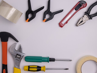 carpentry tools on a white background top view of the table