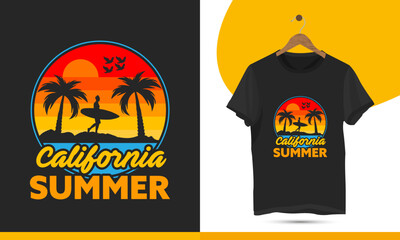 California beach summer t-shirt design with surfing retro color and palms tree silhouette on black background. Typography vector illustration with California ocean party shirt templates.