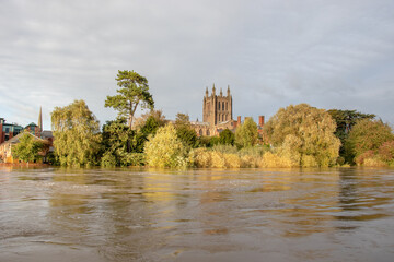 Flood waters in the city of Hereford. - obrazy, fototapety, plakaty