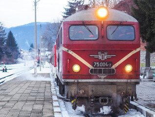 Photo taken in Velingrad, Bulgaria on 03/02/2018: BDZ Bulgarian train in the winter.
