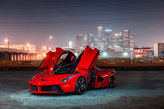 Los-Angeles, USA - May 2022: supercar Ferrari LaFerrari finished in red.