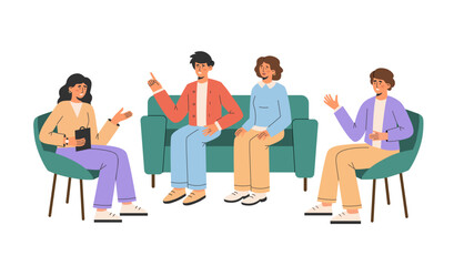 Men and women discuss psychological problems in group therapy