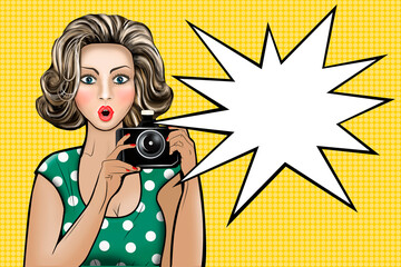 Drawn girl in pop art style with a camera in her hands and a surprised face.
