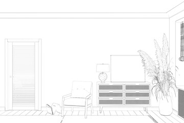 A sketch of the cozy room with a blank horizontal poster, a lamp on a dresser with rattan drawers, a newspaper stand and a chair near a door, and large ears of corn in a vase near a window. 3d render