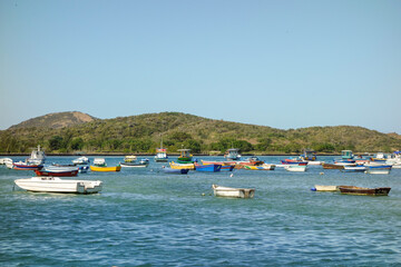 Fototapeta na wymiar Cabo Frio, Brazil: colored wooden fishing boats moored on calm ocean bay