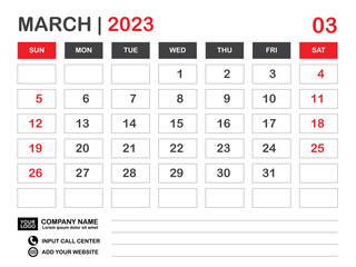 Calendar 2023 template, March 2023 layout, Desk calendar 2023 year, Wall calendar design, Week starts on sunday, Planner, Printing media, poster, organizer, advertisement, Red background, vector