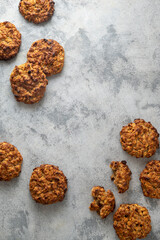 Banana peanut butter cookies background with copy space, flat lay oat healthy cookies