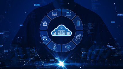 Cloud and edge computing technology concepts with cybersecurity protection. The cloud stands out in the center and other icons around it. man typing computer binary code polygon dark blue background.