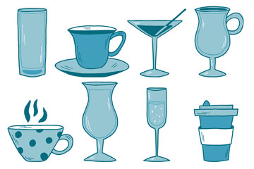 Hand drawn mugs, glass cups for alcohol drinks. Vector glasses goblets set.