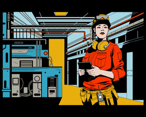 illustration of engineering woman  checking and collecting data in the factory