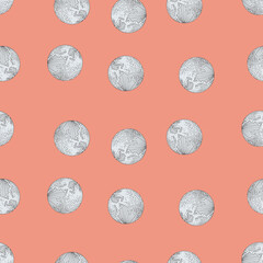 Planet earth engraved seamless pattern. Vintage sphere of world in hand drawn style.