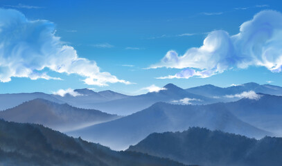 Fototapeta na wymiar Mountain. Realistic Style. Digital artwork of mountains and sunny clouds