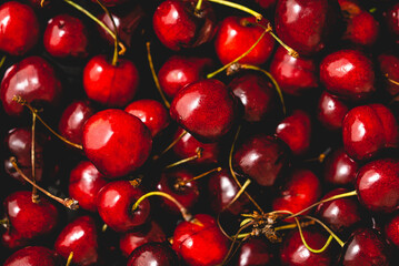 Ripe juicy sweet cherries. Close up shot. Top view, flat lay